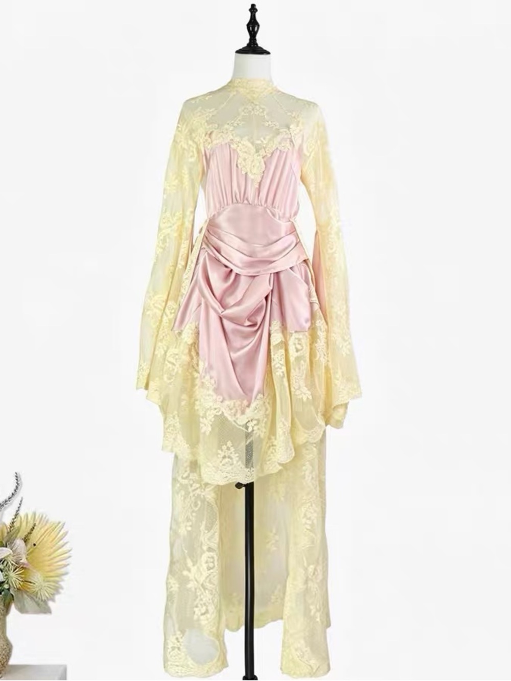 Designer-style Pink & Cream Lace Draped Women's Dress - Picture 9 of 10